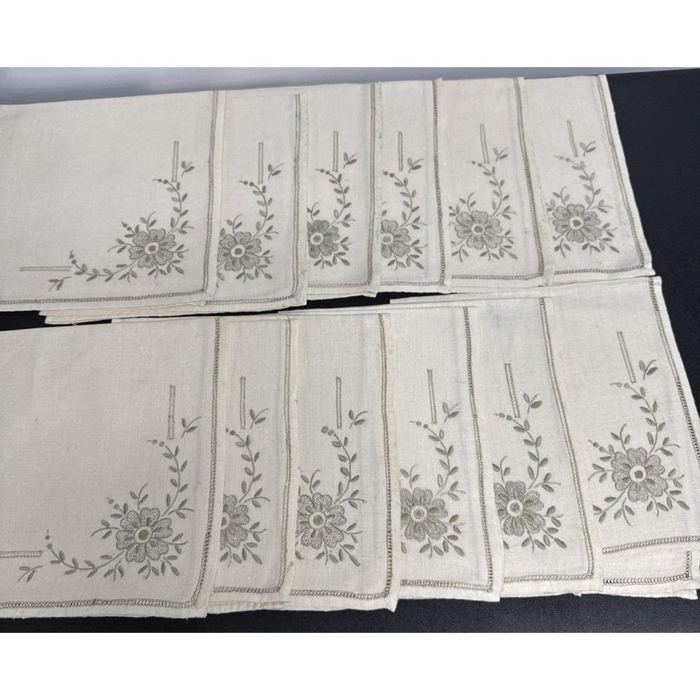 Vtg Embroidered Linen Cloth Table Napkins 16" Set Of 12 Beige Hemstitch Flaws